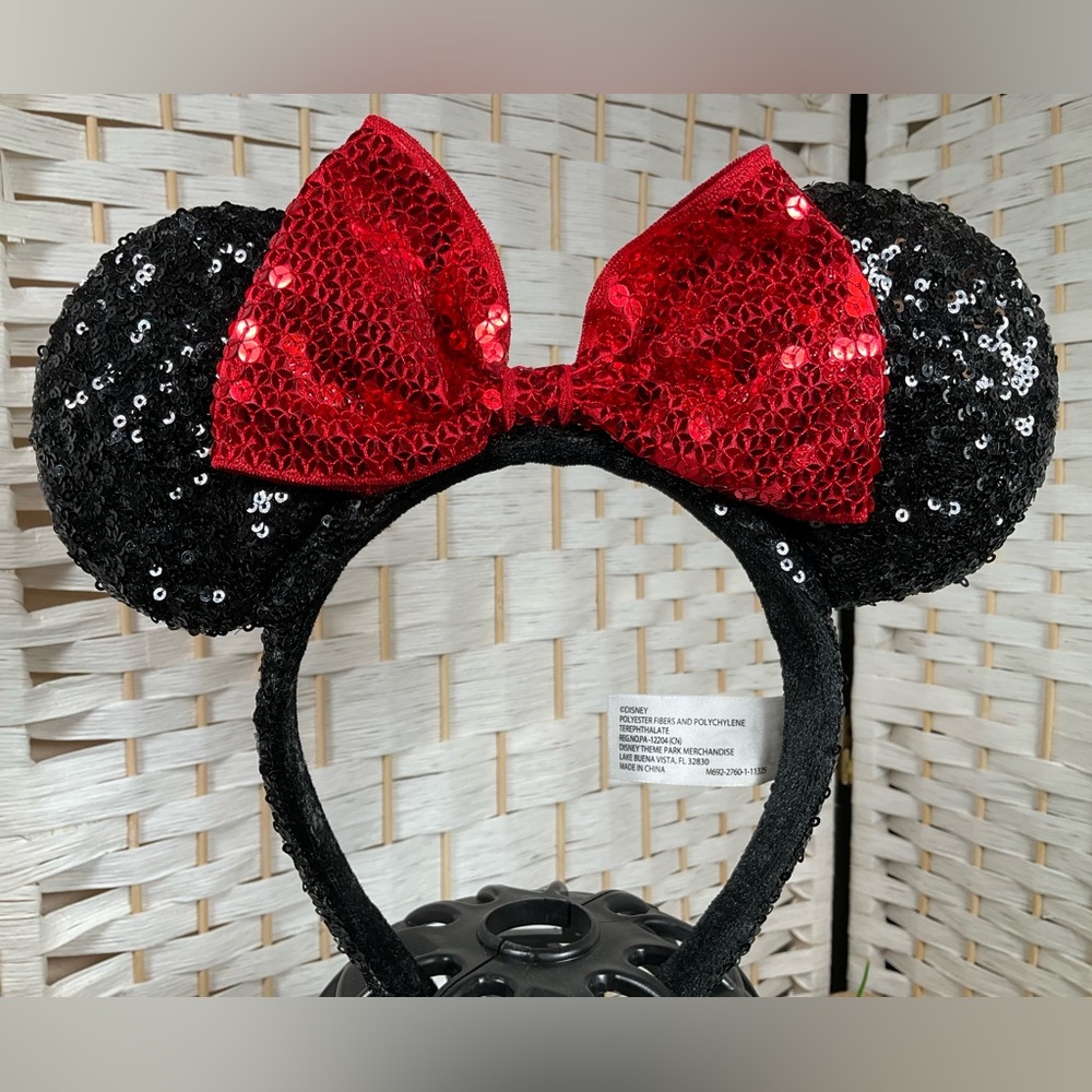 Disney Parks Black Sequins Minnie Mouse Ears w/Red Bow